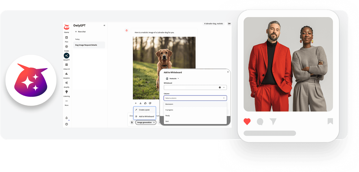 Screenshot of OwlyGPT interface showing a Labrador dog photo and social media post mockup with two people in professional attire